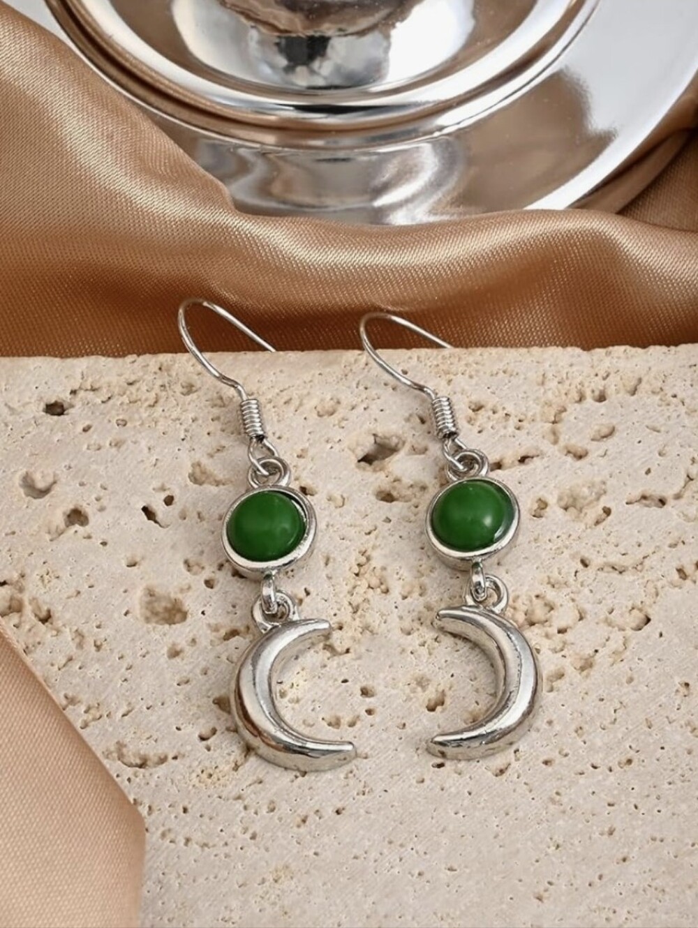 Crescent Moon And Green Stone Earrings - Picture 3 of 7